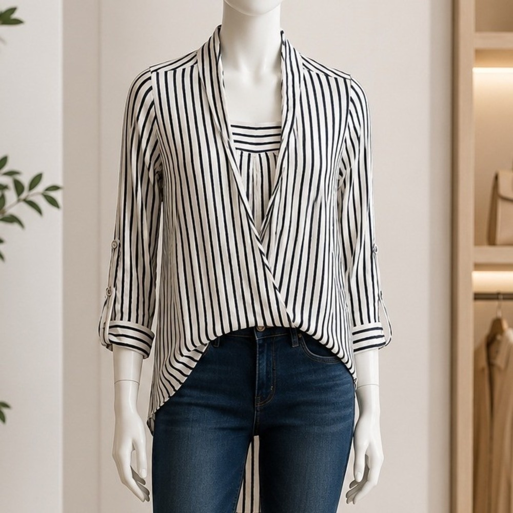F&F Women Blouse Black White Vertical Stripe Roll Tab Wrap Top M